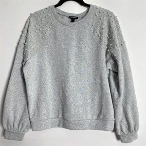 NEW EXPRESS GRAY PEARL EMBELLISHED SHOULDERS SWEATSHIRT TOP SMALL
